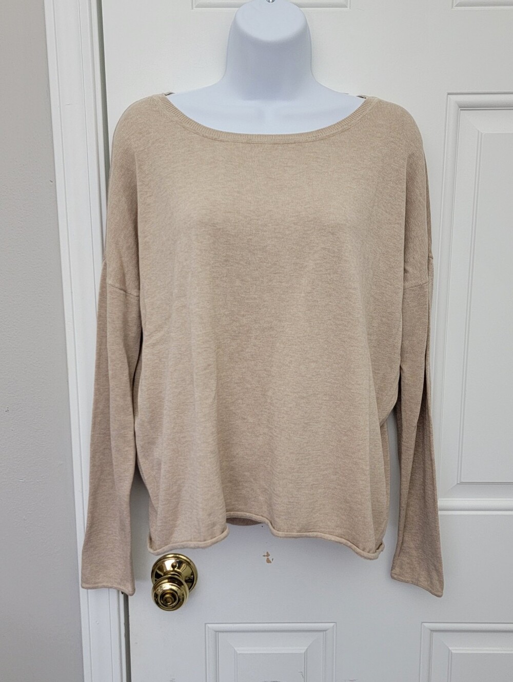 Garnet Hill Silk Blend Relaxed Fit Lightweight Sweater Rolled Hem Beige Small